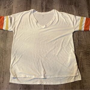 SO White V-Neck Tee with 3/4 Striped Sleeves